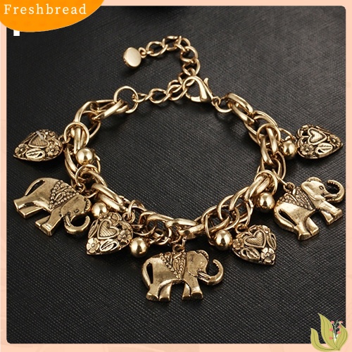 &lt; Freshbread &gt; Wanita Vintage Unik Ukir Hati Gajah Mengkilap Liontin Gelang Bangle