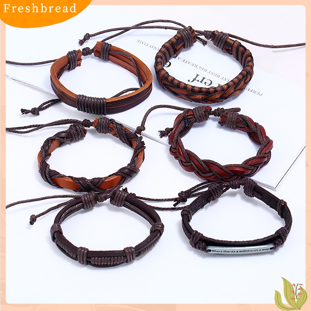 &lt; Freshbread &gt; 6Pcs/Set Pria Vintage Punk Dikepang Kulit Imitasi Multilayer Handmade Gelang Set