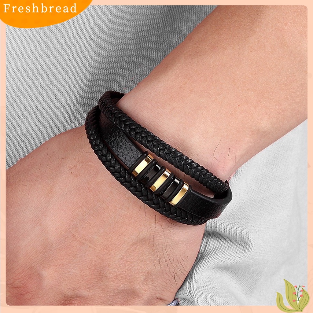 &lt; Freshbread &gt; Pria Gelang Tenun Tangan Multi Layer Tahan Aus Hias Gesper Menghias Pasangan 3lapis Gaya Punk Kulit Imitasi Gelang Pria Perhiasan