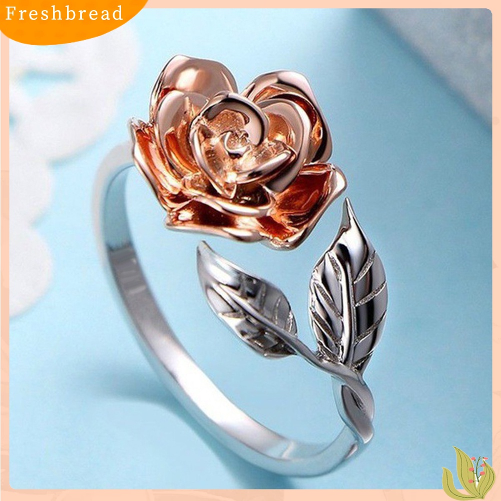 &lt; Freshbread &gt; Fashion Bunga Mawar Daun Terbuka Cincin Wanita Adjustable Pesta Perhiasan Band Hadiah