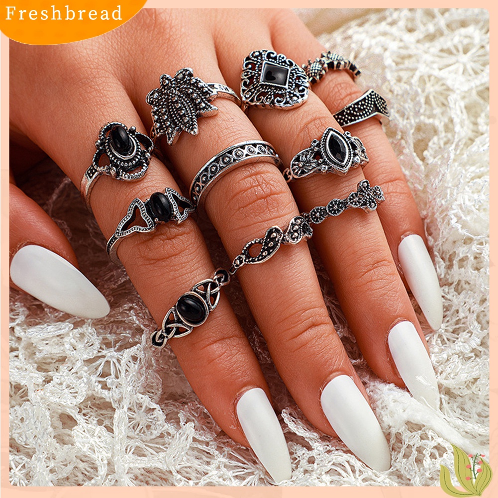 &lt; Freshbread &gt; 11Pcs Wanita Faux Gemstone Ukiran Hollow Waterdrop Lotus Finger Rings Perhiasan