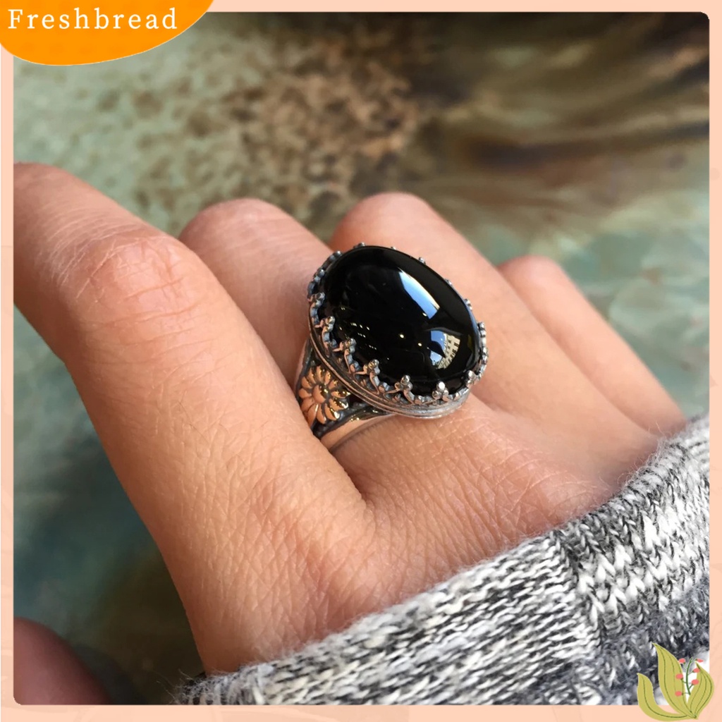 &lt; Freshbread &gt; Cincin Unisex Lebar Gaya Batu Ukir Pola Bunga Cincin Permata Imitasi Aksesoris Perhiasan