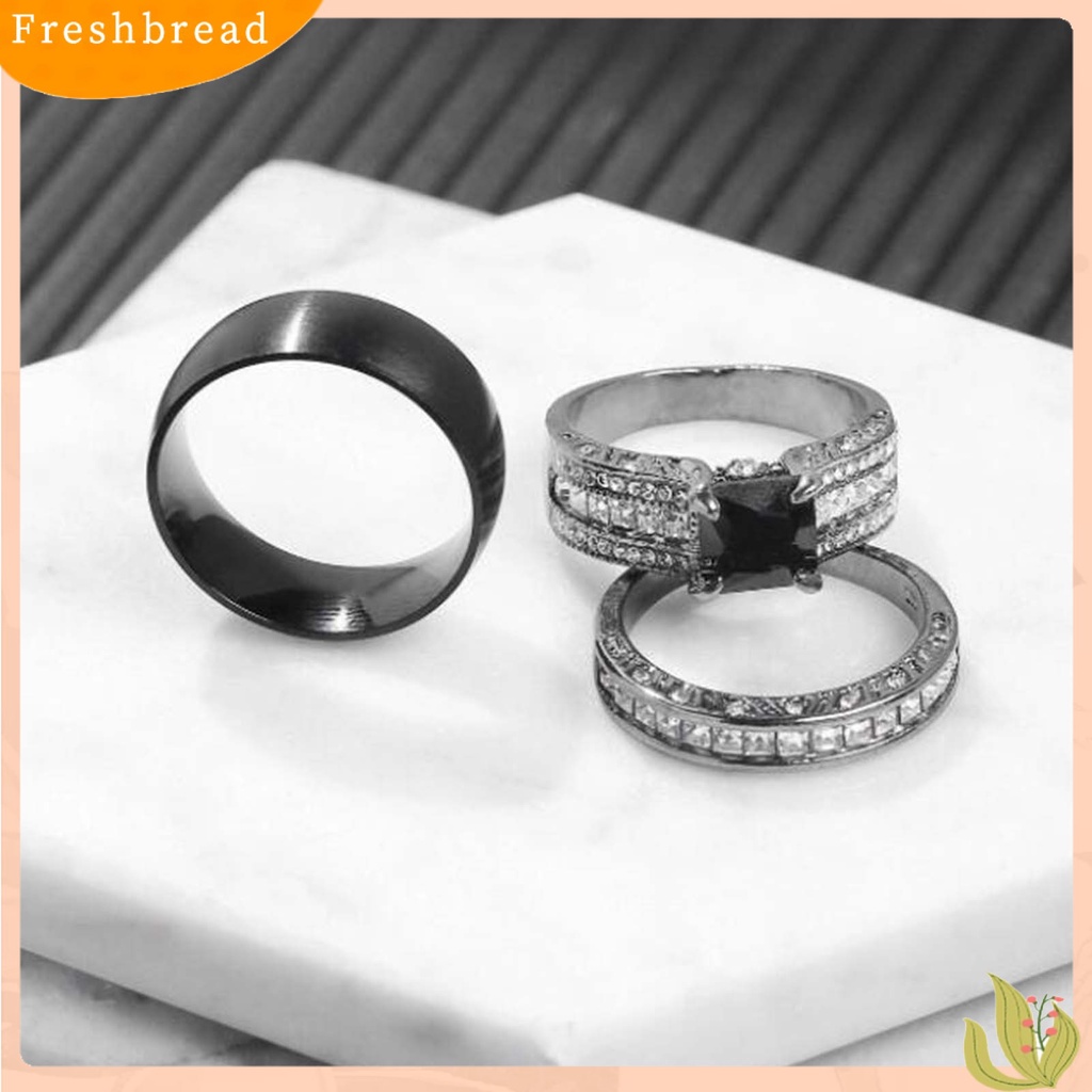 &lt; Freshbread &gt; 3Pcs/Set Cincin Pasangan Laporan Permukaan Halus Paduan Persegi Bertatahkan Cubic Zirconia Pernikahan Band Perhiasan Fashion