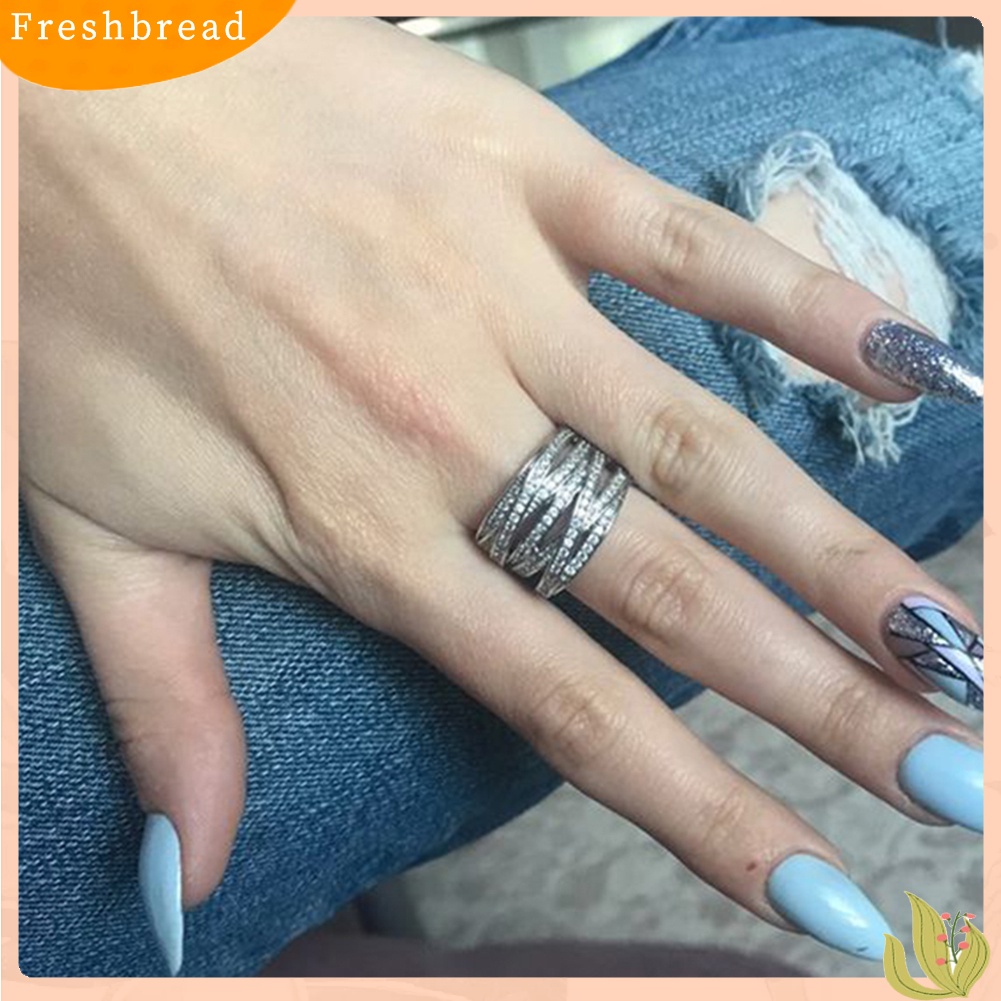 &lt; Freshbread &gt; Wanita Berlian Imitasi Bertatahkan Multilayer Cincin Jari Silang Perhiasan Pertunangan Pernikahan