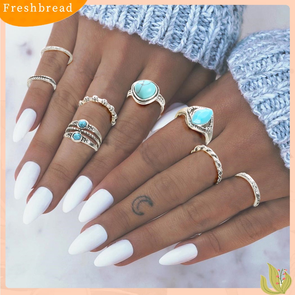 &lt; Freshbread &gt; 8Pcs Wanita Retro Bohemian Imitasi Turquoise Hias Lingkaran Jari Cincin Perhiasan Hadiah