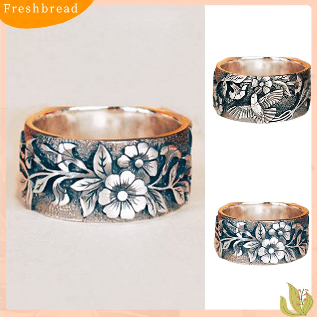 &lt; Freshbread &gt; Burung Pola Bunga Unisex Cincin Retro Warna Paduan Lebar Hip Hop Jari Cincin Aksesori Perhiasan