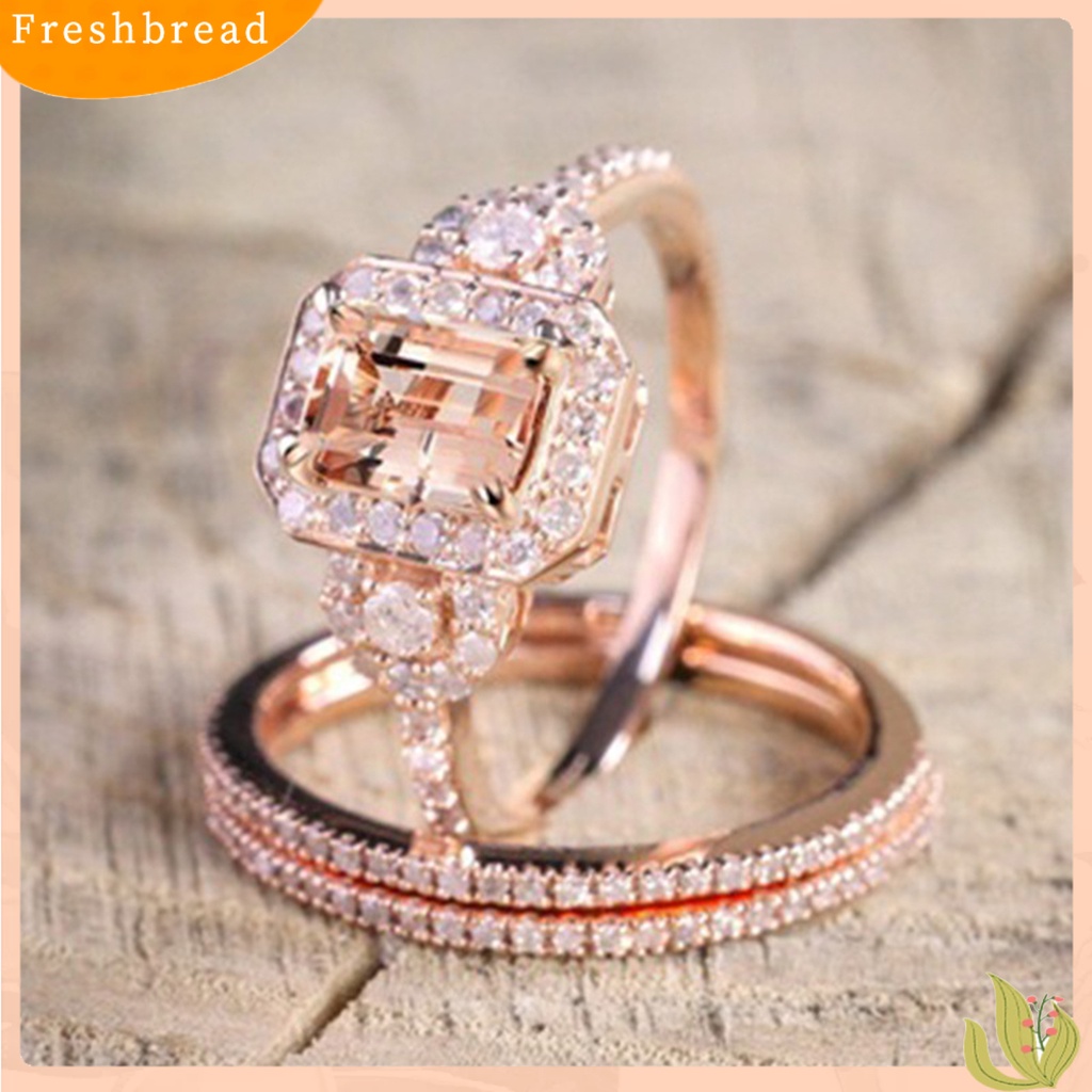 &lt; Freshbread &gt; 2Pcs/Set Ladies Rings Shiny Faux Crystal Rose Golden Alloy Ring Elegan Perhiasan Aksesoris Fashion Micro-Hias Square Rhinestones Rings Hadiah Pertunangan