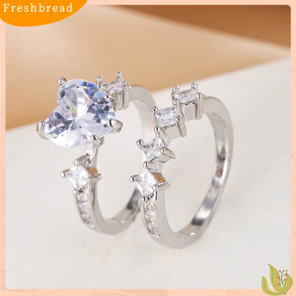 &lt; Freshbread &gt; 2pcs/Set Lady Set Cincin Bentuk Hati Geometris Dipoles Mengkilap Cubic Zirconia Indah Jari Dekorasi Mewah Romantis Cinta Buku Jari Cincin Set Perhiasan