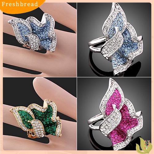 &lt; Freshbread &gt; Wanita Daun Berlapis Emas 9K Kristal Berlian Imitasi Hias Cocktail Cincin Hadiah Perhiasan