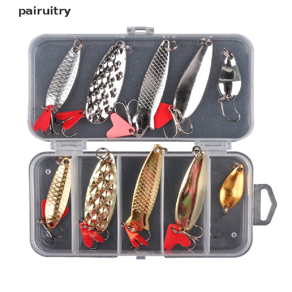 Prt 10Pcs Memancing Logam Sendok Lure Kit Set Emas Perak Umpan Sequin Spinner Lures PRT