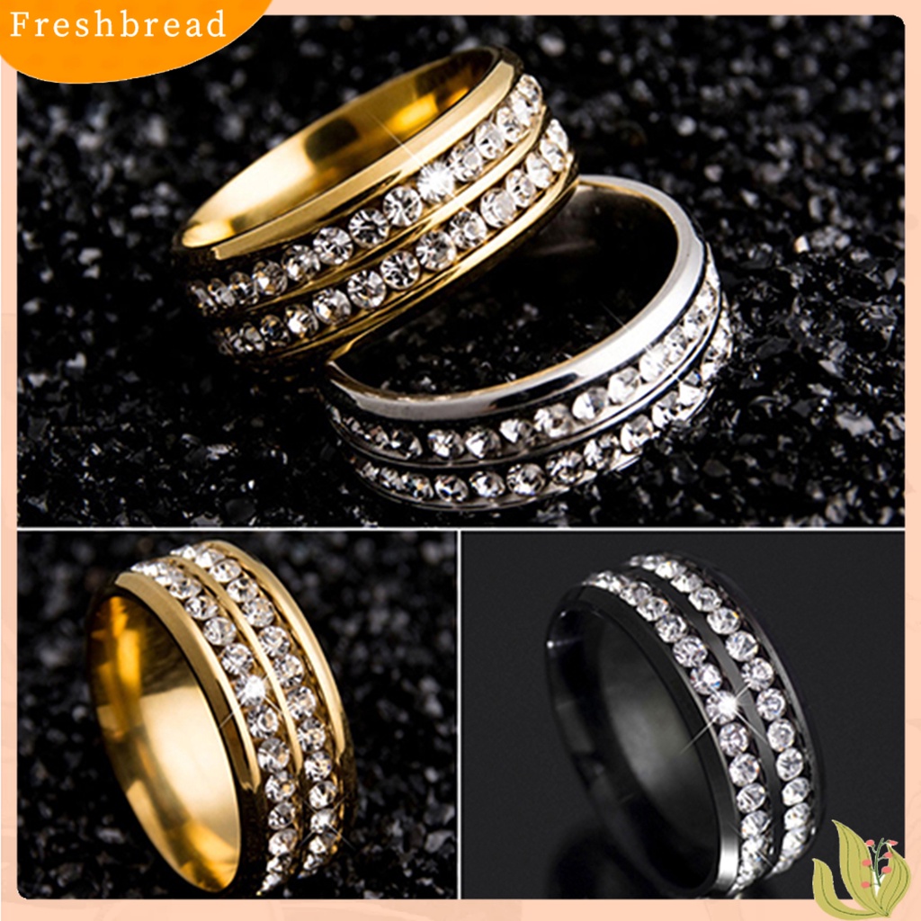 &lt; Freshbread &gt; Cincin Lebar-Lebar Fadeless Titanium Steel Baris Ganda Berlian Imitasi Perhiasan Unisex Untuk Pesta Pernikahan