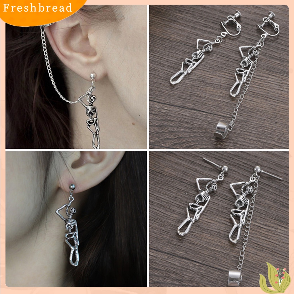 &lt; Freshbread &gt; 1pasang Ear Studs Skull Gothic Jewelry Anting Menjuntai Hip Hop Asimetris Untuk Halloween