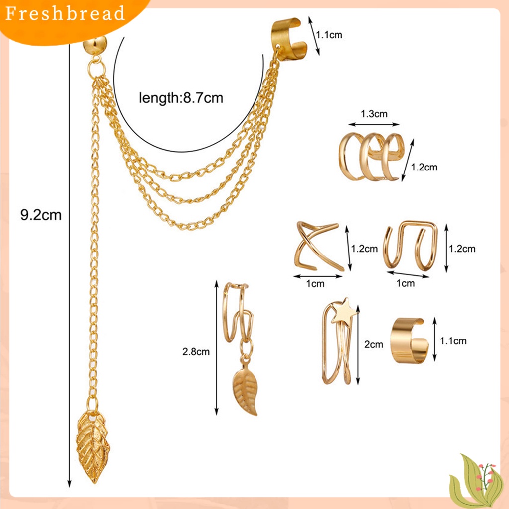 &lt; Freshbread &gt; 7pcs/Set Klip Telinga Set Warna Solid Bulat Gaya Hip-hop Bentuk Daun Anting Huggie Rumbai Panjang Untuk Pakaian Sehari-Hari