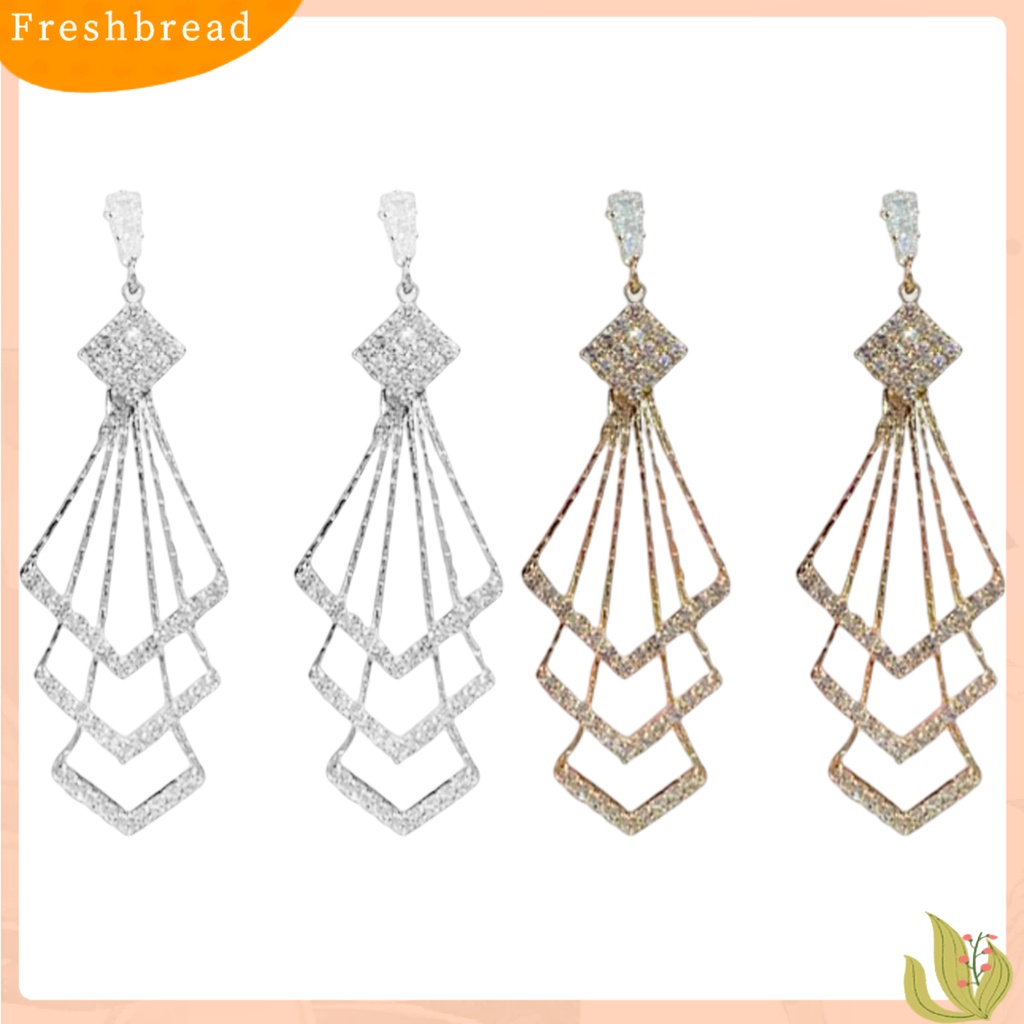 &lt; Freshbread &gt; Wanita Drop Earrings Tiga Lapis Berlian Imitasi Mengkilap Bentuk Belah Ketupat Anting Gantung Aksesori Perempuan