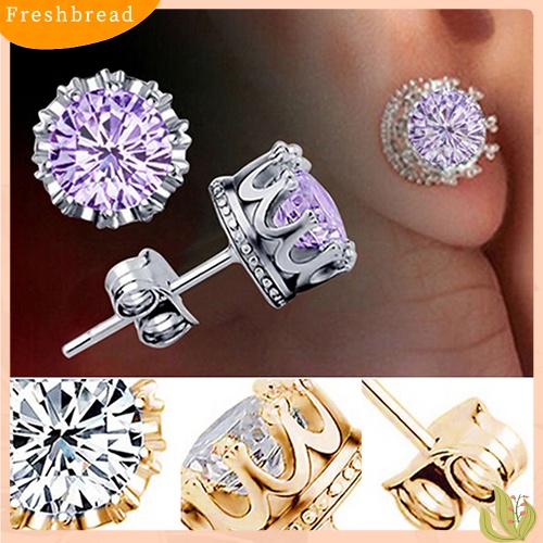 < Freshbread > Fashion Wanita Berlian Imitasi Elegan Berlapis Perak Gaya Mahkota Anting Pejantan Telinga