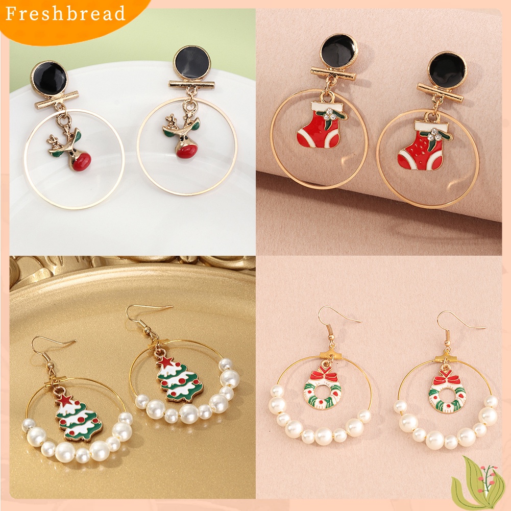 &lt; Freshbread &gt; Wanita Pohon Natal Elk Eardrop Mutiara Imitasi Geometris Hoop Earrings Hadiah Xmas