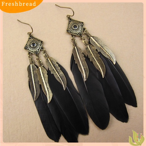 &lt; Freshbread &gt; Wanita Vintage Kreatif Daun Bulu Menjuntai Kait Anting Perhiasan Hadiah Pesta