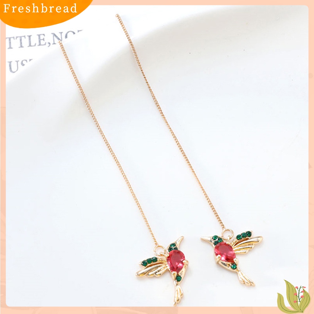 &lt; Freshbread &gt; Wanita Desain Hummingbird Berlian Imitasi Dekorasi Ear Stud Panjang Rumbai Menjuntai Anting