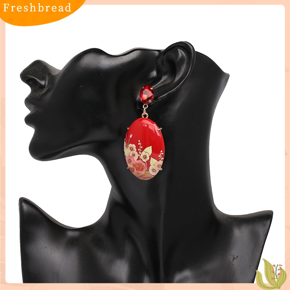 &lt; Freshbread &gt; Wanita Elegan Resin Bentuk Oval Bunga Liontin Anting Berlian Imitasi Bertatahkan Perhiasan