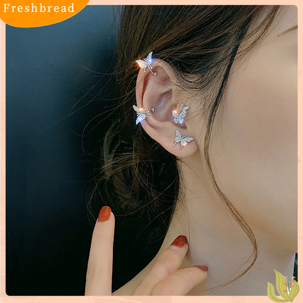 &lt; Freshbread &gt; Wanita Kupu-Kupu Anting Shiny Ear Clip Stud Pesta Pernikahan Perhiasan Aksesori Hadiah