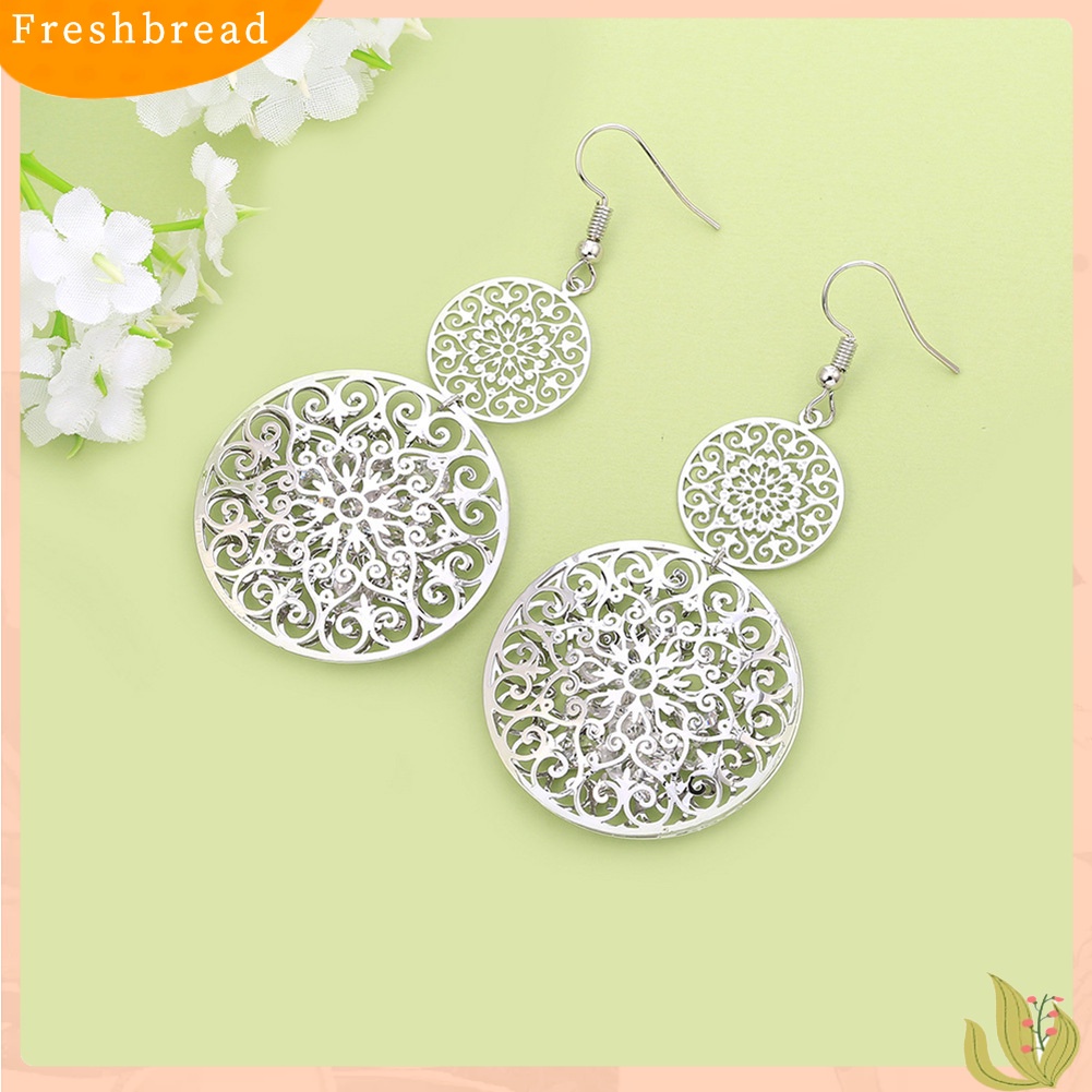 &lt; Freshbread &gt; Fashion Wanita Lapisan Ganda Diukir Kerawang Drop Menjuntai Liontin Anting Perhiasan