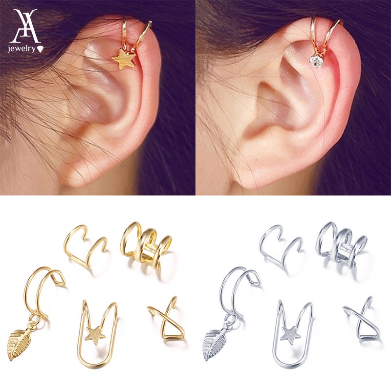 AY(CN) 5 Pcs / Set Anting Stud Tulang Rawan Telinga Bentuk C Ganda Tanpa Lubang