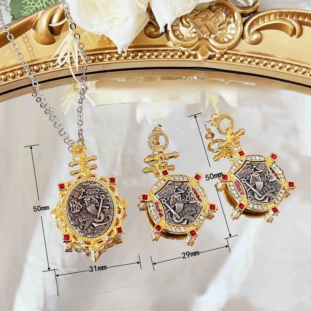 Goldkingdom Fashion Perhiasan Aksesoris Ready Stock Bahasa Perancis Abad Pertengahan Kuno Koin Kalung Italia Kerajinan Dua Sisi Replika Mermaid Koin Kuno Anting Retro Set