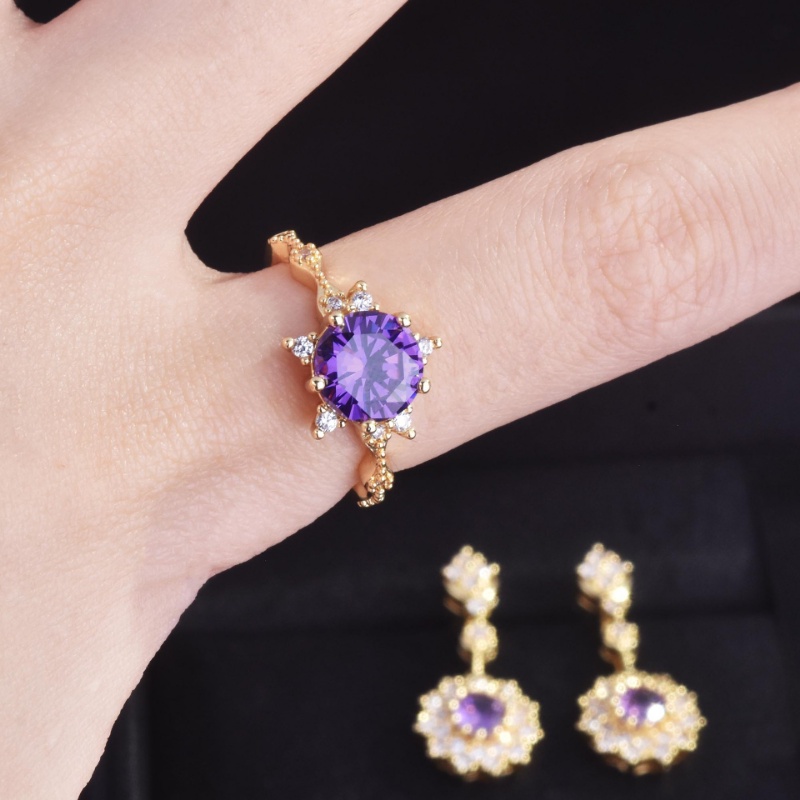 Goldkingdom Fashion Perhiasan Aksesoris Ready Stock Delima Merah Cincin Liontin Telinga Stud Set Berlapis Emas Api Warna Meledak Berkilau Amethyst Kalung