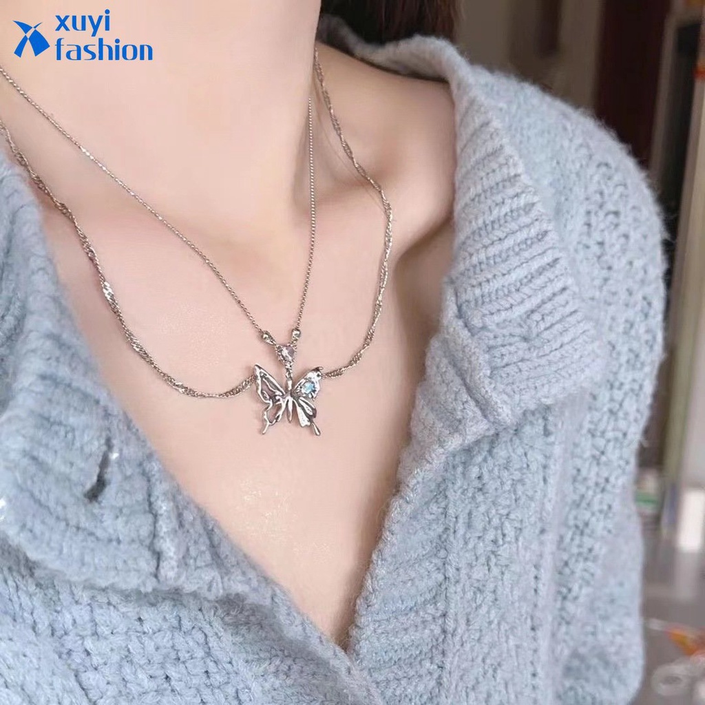 Kalung Liontin Kupu-Kupu Hati Choker Rantai Zircon Ganda Silver Untuk Aksesoris Perhiasan Wanita