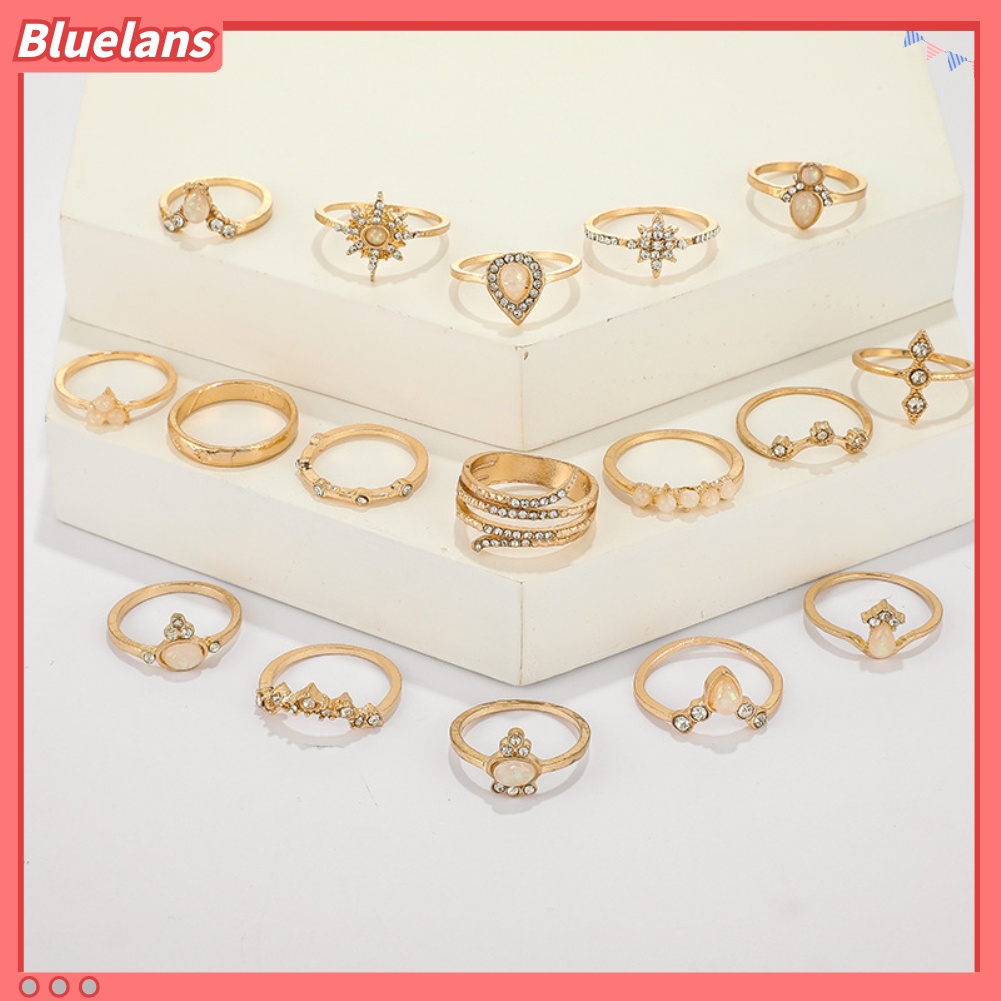 {In Stock} 17Pcs/Set Bohemian Wanita Berlian Imitasi Hias Bunga Jari Cincin Pesta Perhiasan Hadiah