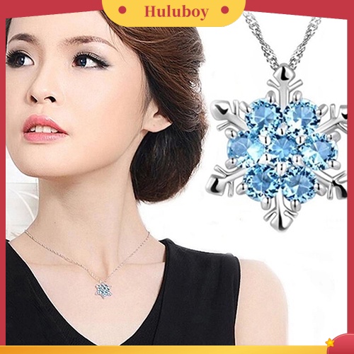 {Ready Stock} Fashion Wanita Perak Berlapis Dazzing Snowflake Biru Berlian Imitasi Kalung Liontin