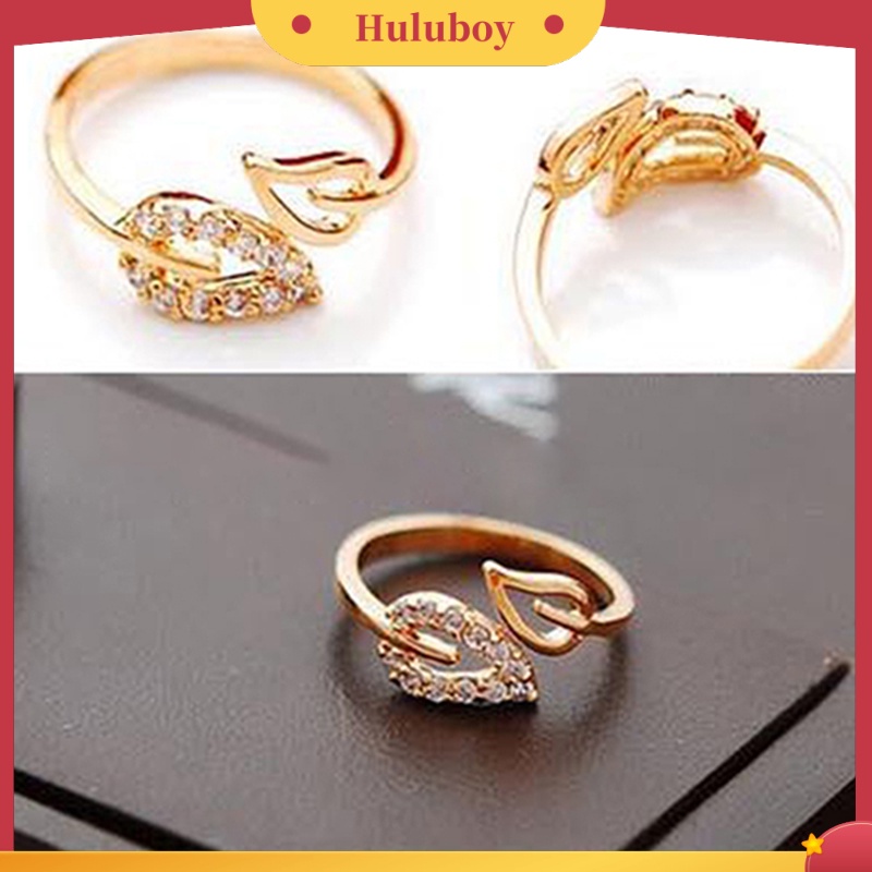 {Ready Stock} Perhiasan Cincin Terbuka Wanita Fashion Berlian Imitasi Dua Daun Untuk Hadiah Pesta Pecinta