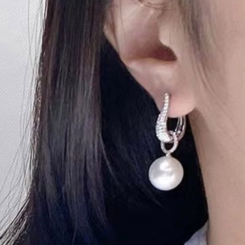 Mutiara Imitasi Menjuntai Anting Wanita Mewah Warna Perak Bling Cubic Zirconia Fashion Elegan Lady Jewelry