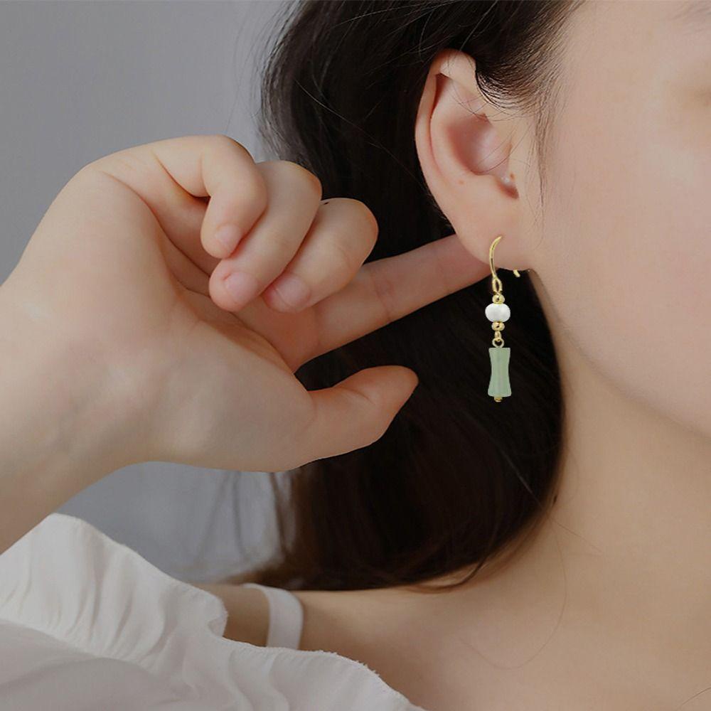 Mxbeauty Wanita Menjuntai Anting Elegan Pesona Mutiara Imitasi Fashion Perhiasan Hetian Giok Gadis Hadiah Drop Earrings