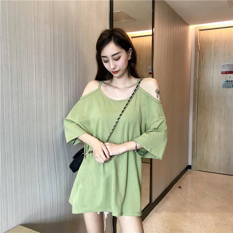 Red Musim panas baru jaring merah longgar mid-panjang backless alpukat top matcha hijau vintage perasaan gadis pertengahan lengan T-shirt perempuan