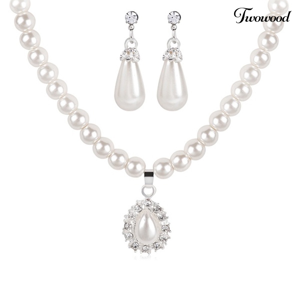 Twowood Water Drop Mutiara Imitasi Manik-Manik Berlian Imitasi Bridal Kalung Anting Set Perhiasan