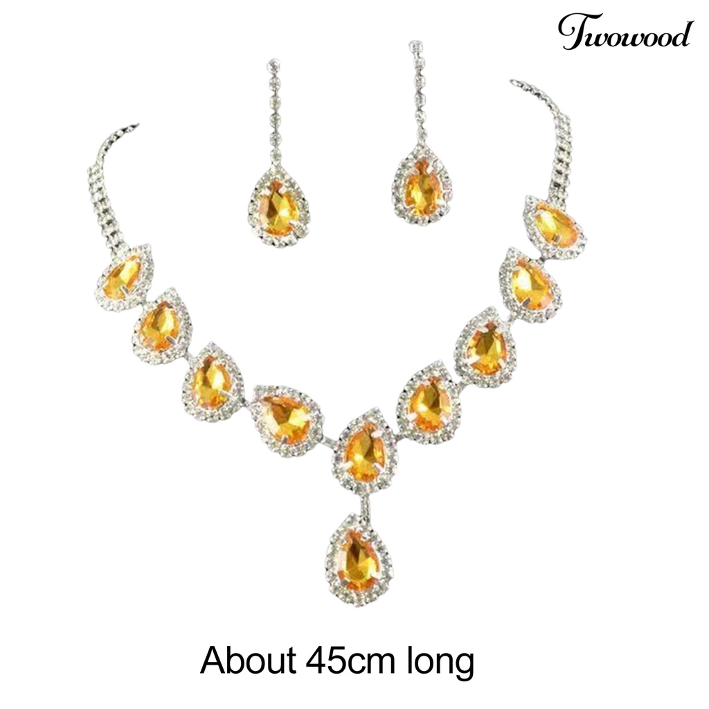 Twowood 1set Wanita Kalung Anting Berbentuk Tetesan Air Berlian Imitasi Perhiasan Berkilau Terang Luster Set Untuk Prom