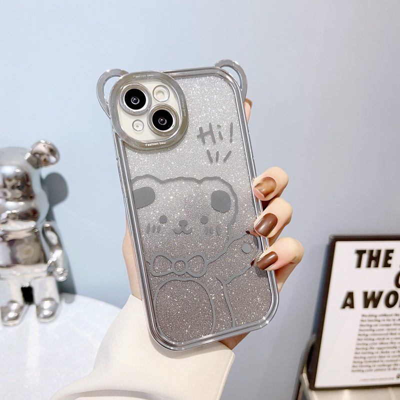 IPHONE Beruang Lucu Perak Ungu Kedip Desain Gelombang Besar Electroplating Lembut Silikon Bunny Case hp Untuk Iphone14Plus Casing Iphone 11 12 13 14 Pro Max Wanita Gadis Hadiah Bumper Cover