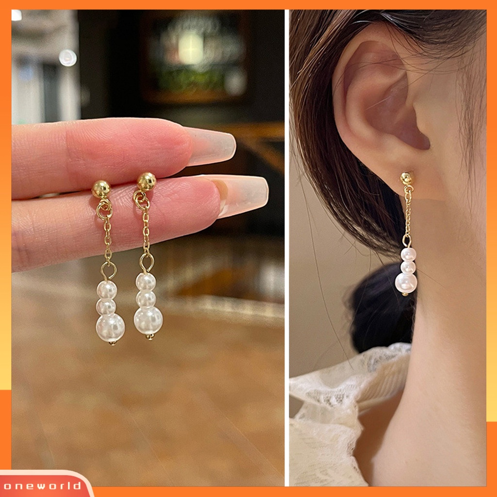 [OWR] 1pasang Anting Pejantan Dainty Elegan Golden Hypoallergenic High Gloss Mutiara Imitasi Rumbai Menjuntai Anting Fashion Perhiasan