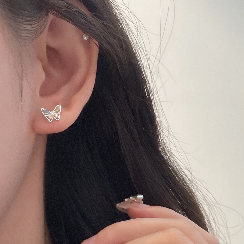 Kami Bunga Halus s925 Perak Fantasi Warna-Warni Zirkon Kupu-Kupu Stud Anting-Anting Untuk Wanita Gadis Korea Indah Kecil Bersinar Anting-Anting Fashion Telinga Perhiasan Aksesoris