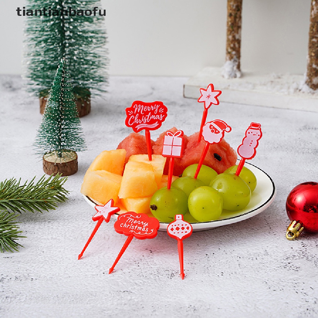 [tiantianbaofu] 4/8pcs Merry Christmas Hewan Buah Garpu Mini Kartun Anak Kue Buah Tusuk Gigi Butik