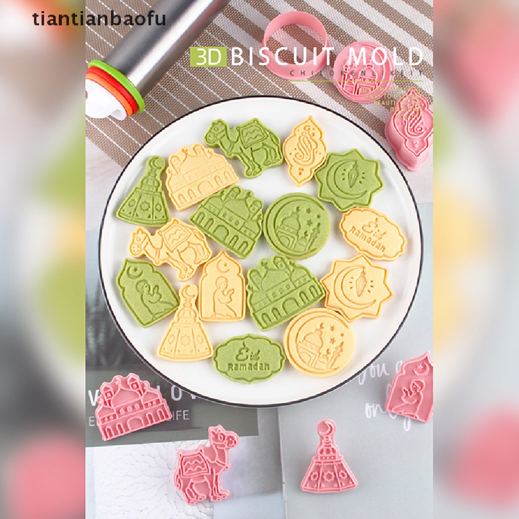 [tiantianbaofu] 6/8pcs/set Pemotong Kue Kering Kartun Eid Mubarak DIY Plastik Ramadan Alat Kue Butik