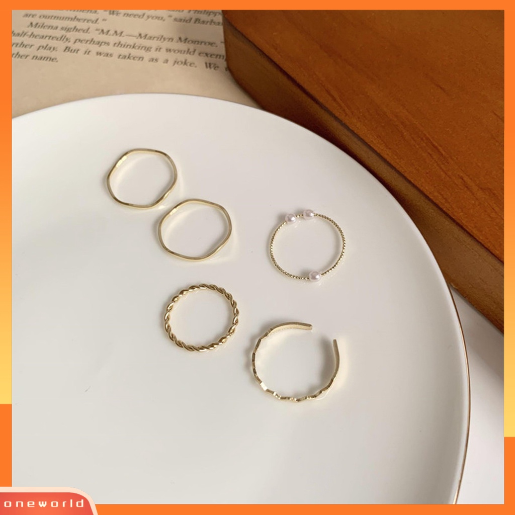 [EONE] 5pcs Cincin Jari Bergelombang Gaya Jepang Korea Mutiara Imitasi Perhiasan Electroplating Stackable Rings Set Untuk Pesta Pernikahan Perjamuan Prom