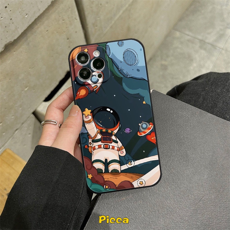 IPHONE Trendy Merek NASA Lucu Kartun Astronot Case Kompatibel Untuk Iphone11 13 12 14 Pro Max 6 7 8 6S Plus XR X XS Max SE 2020 Tepi Lurus Lembut Tpu Phone Cover