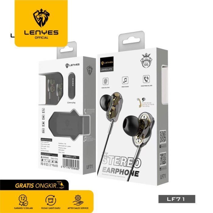 Lenyes LF71 Stereo Wired Earphones Jack 3.5 mm Volume Mic Original handsfree earphone ear in ear bud microphone kabel tanpa