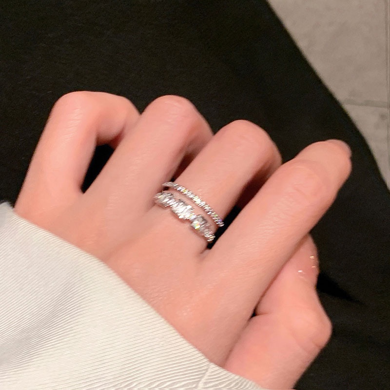 Ay (CN) Fashoin Cubic Zirconia Cincin Kawin Tunangan Adjustable Silver Ring Untuk Aksesoris Perhiasan Wanita