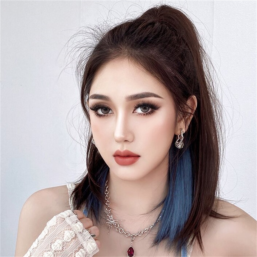 1pcs Wig Ekstensi Rambut Ponytail Panjang Lurus Tinggi Highlight Untuk Wanita Warna Biru Kabut Dengan Ponytail Claw Clip 50cm