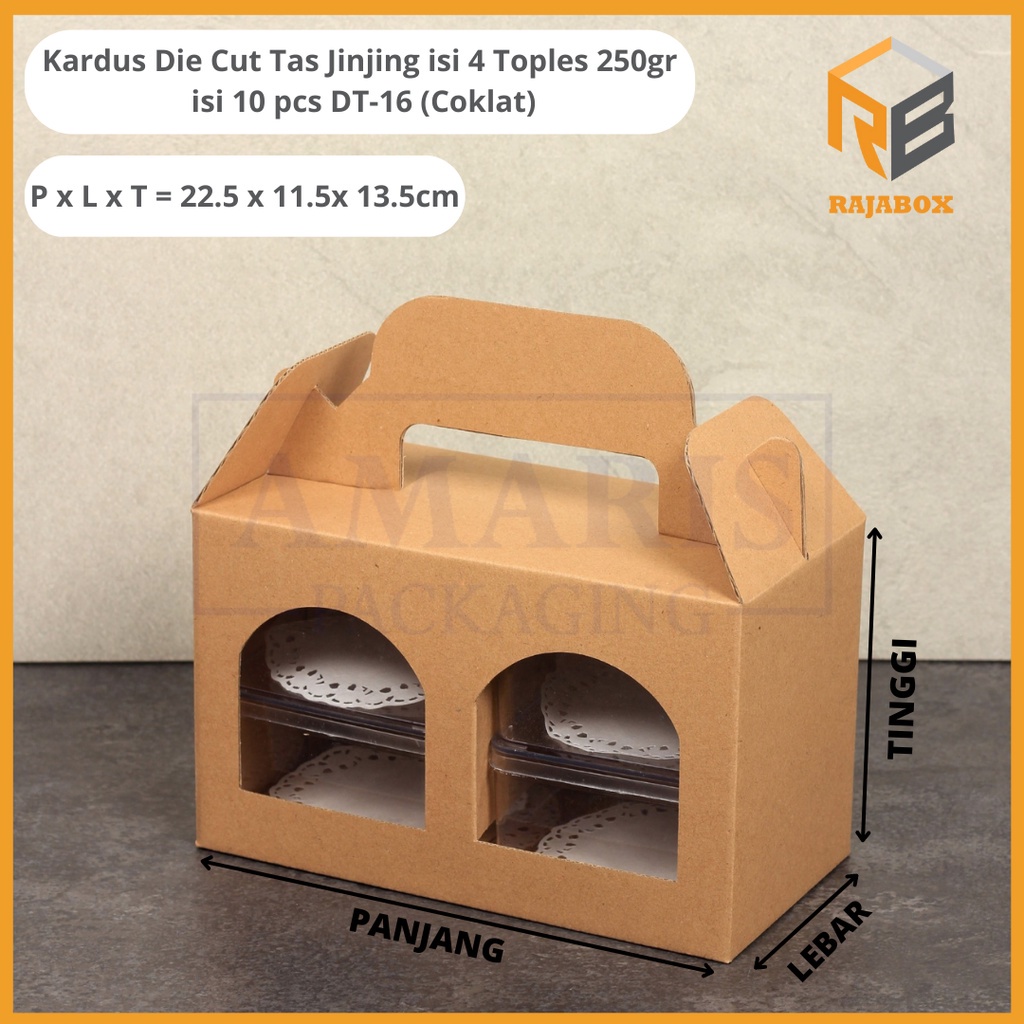 

DT-16 Kardus Die Cut Tas Jinjing Isi 4 Toples 250 Gr Isi 10 Pcs Amaris Packaging