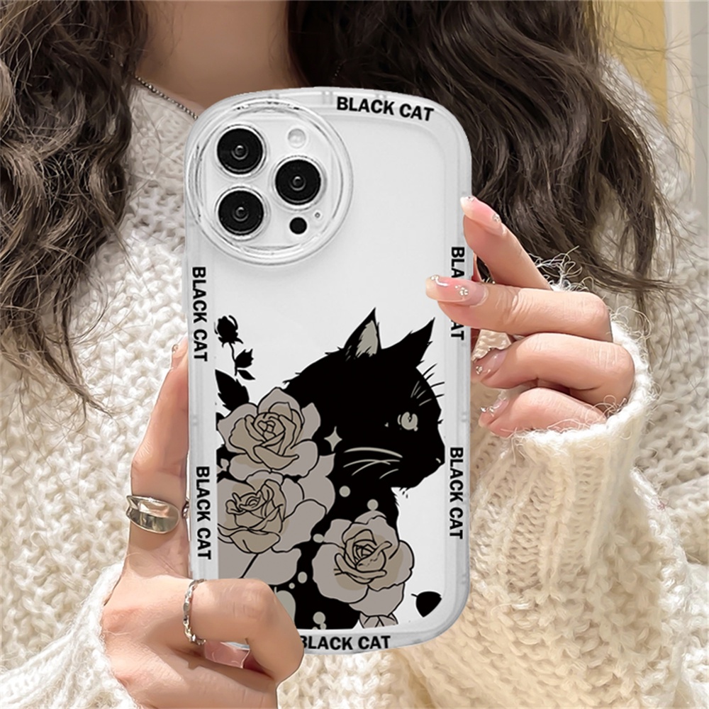 Realme 10 C55 5 5i 6i C3 C35 C33 C21Y C25Y C21 RealmeC11 C11 2021 C25 C15 C12 C2 C1 Bunga Dan Kucing Hitam Bening Lembut TPU Case Binteacase