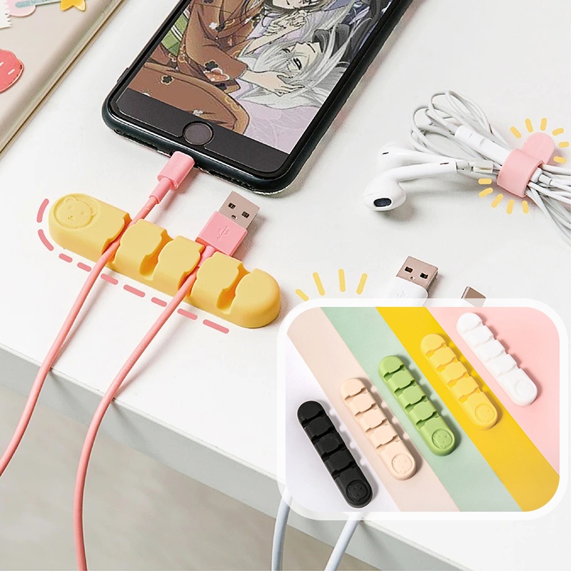 1pc 4-Grid Beruang Lucu Silikon Kabel Organizer Earphone Mouse Kawat Manajemen Klip Perekat Diri Dinding Dipasang Pemegang Kabel Kantor Rumah Desktop Penyimpanan Kait